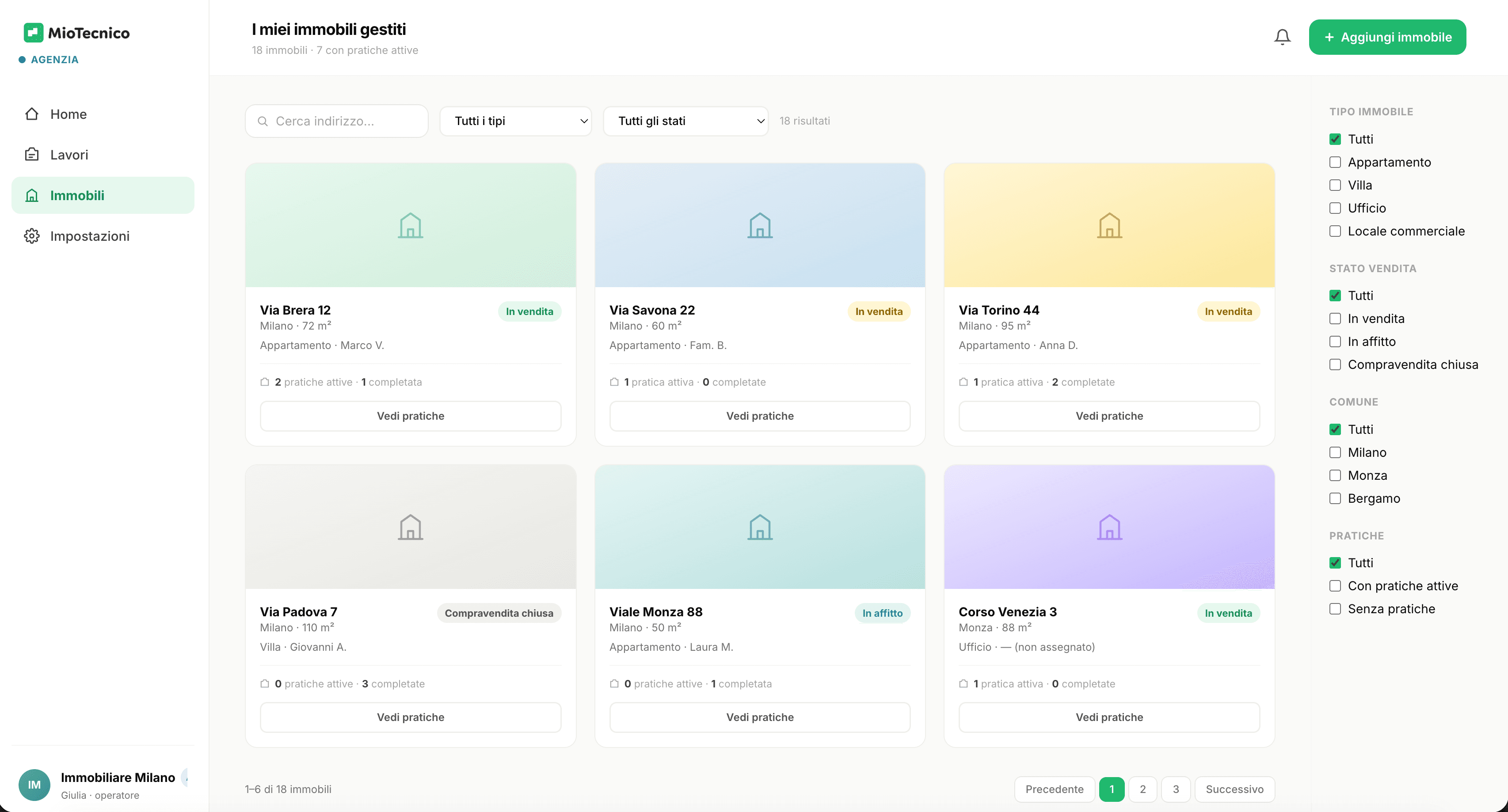 Dashboard agenzia MioTecnico con immobili, pratiche e stati