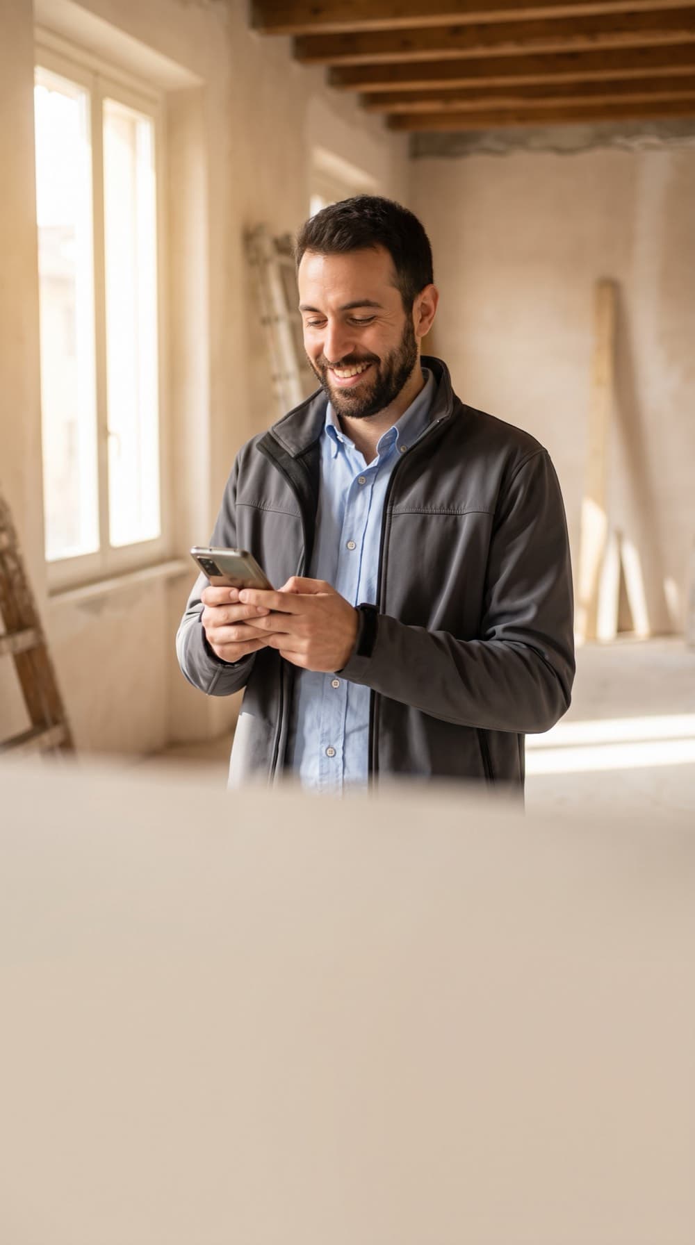 Tecnico professionista che gestisce pratiche e pagamenti dal telefono in un cantiere di ristrutturazione